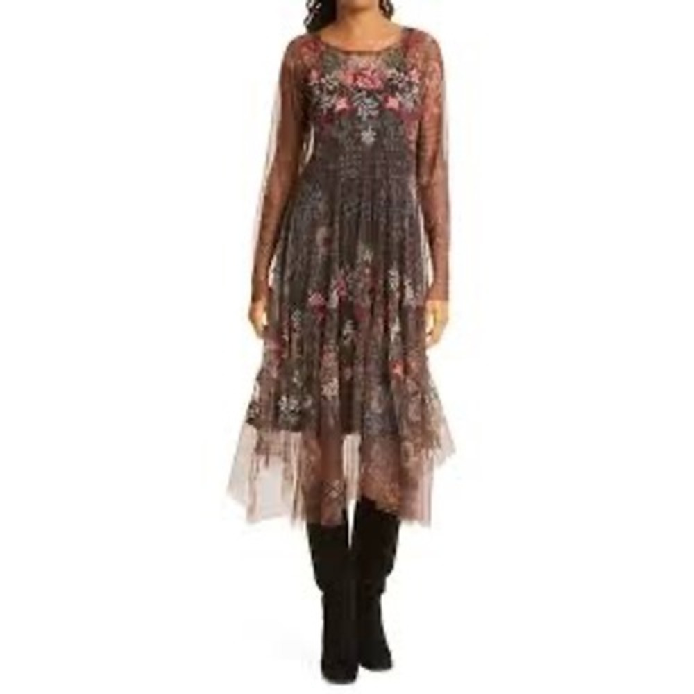 Johnny Was Biya Maude Embroidered Long Sleeve Mesh Dress Mauve Floral Midi M